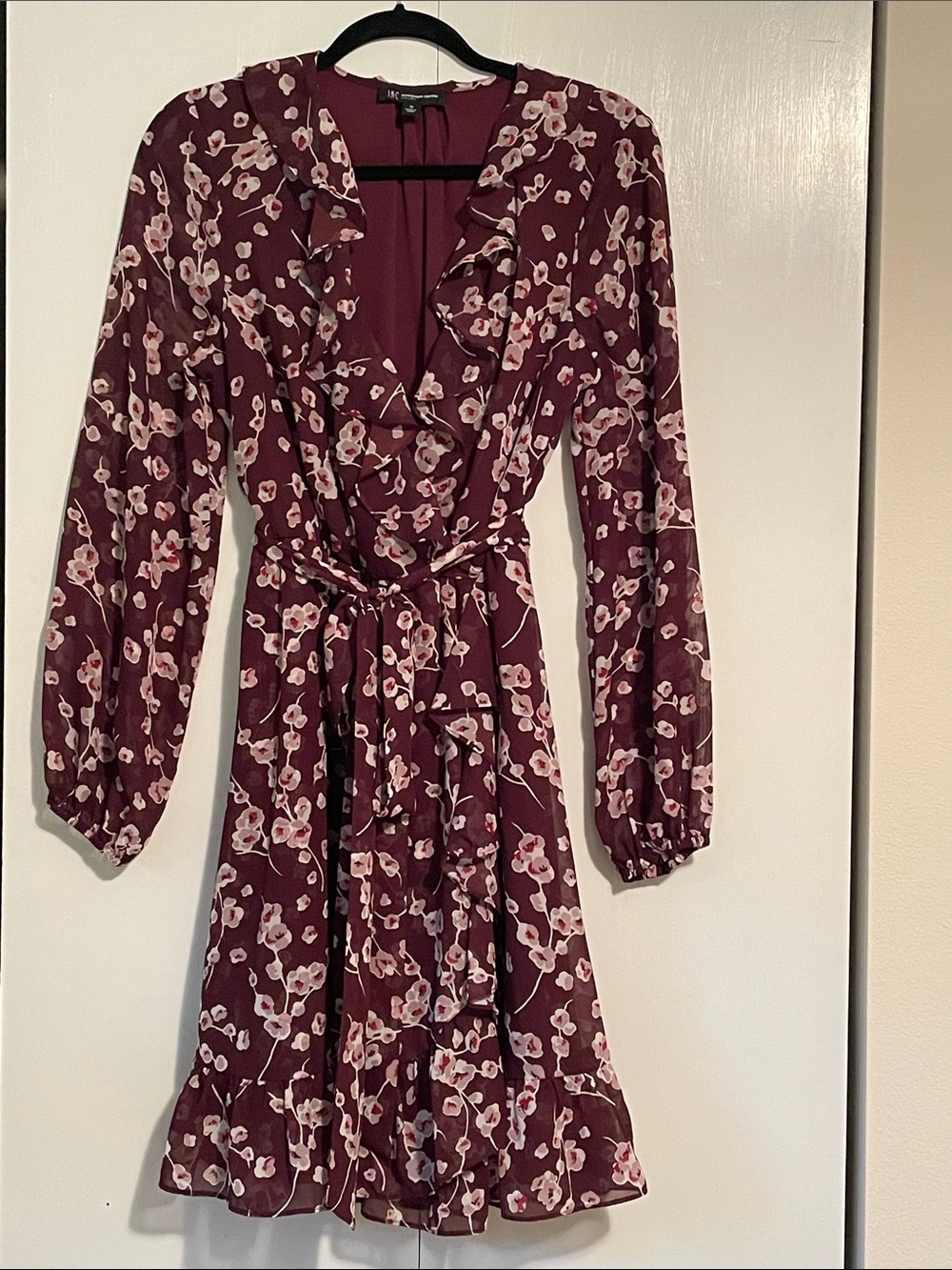 I.N.C. Floral Ruffle Wrap Dress - Burgundy Size 10